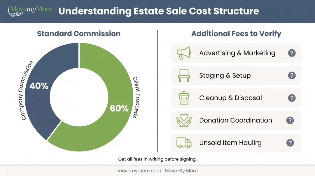 Estate sale commission structure breakdown showing 40 percent fee and hidden costs to verify