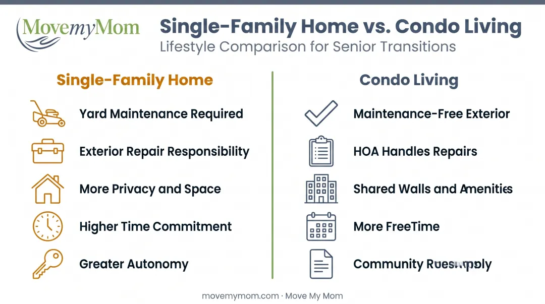 Single-family home versus condo living comparison showing maintenance tasks lifestyle and independence differences