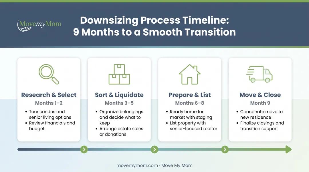 9-month downsizing timeline from condo research to move-in completion with key milestones