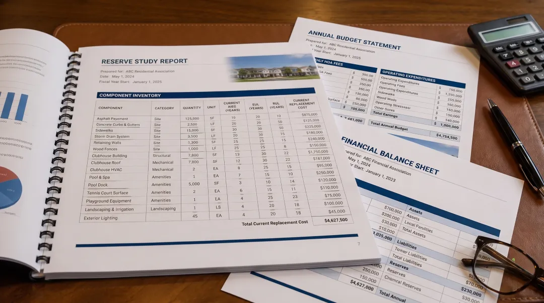 Condominium association financial reserve study document and budget spreadsheet review