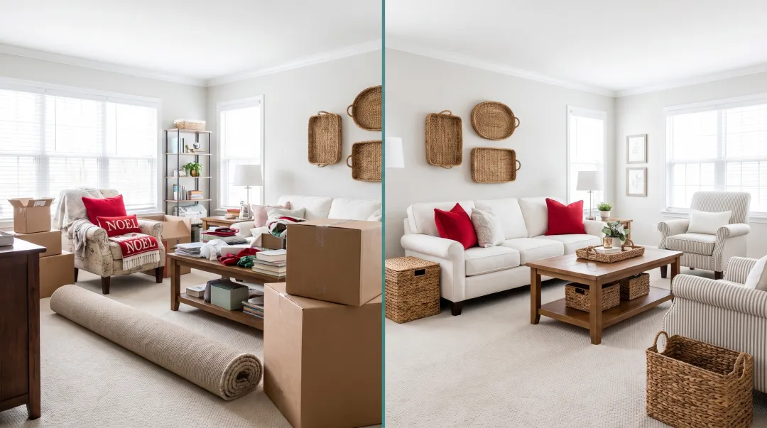 Professional home staging example showing before and after transformation of vacant senior property