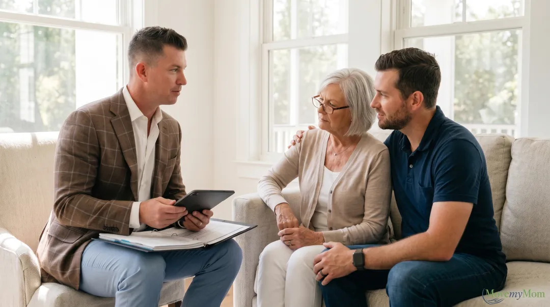 Senior move manager consulting with elderly woman and adult daughter in living room