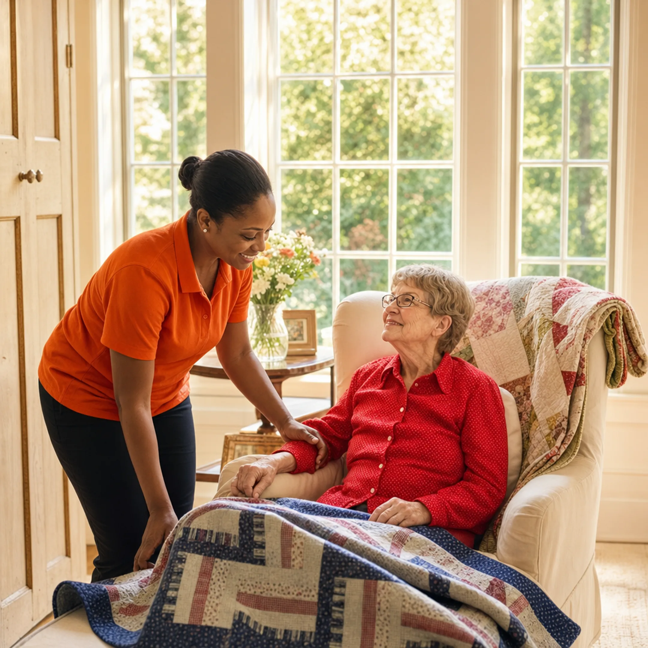 Senior receiving in-home care assistance from caregiver at home