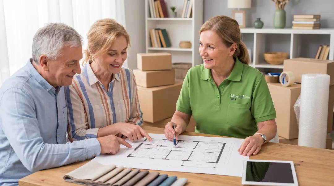 Senior move manager coordinating transition services including floor planning and packing for client