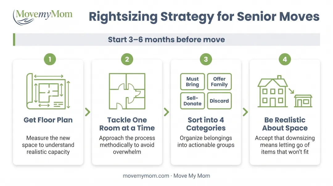 Four-step rightsizing process for senior living move with floor plan and sorting categories