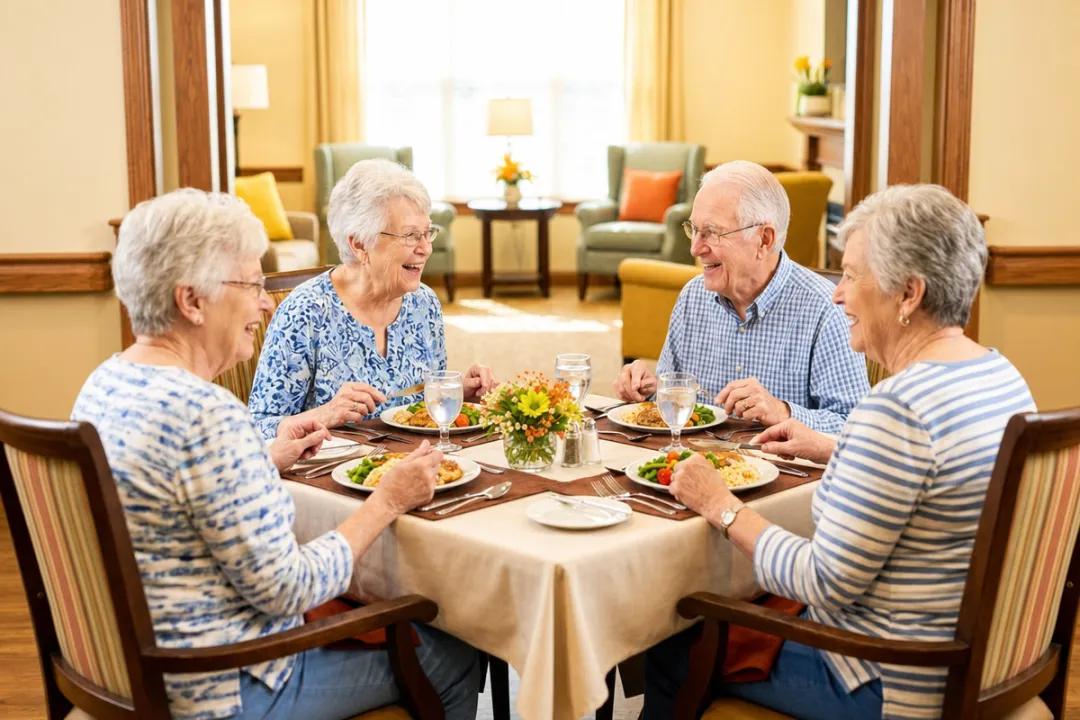 Seniors dining together in bright welcoming senior living community dining room