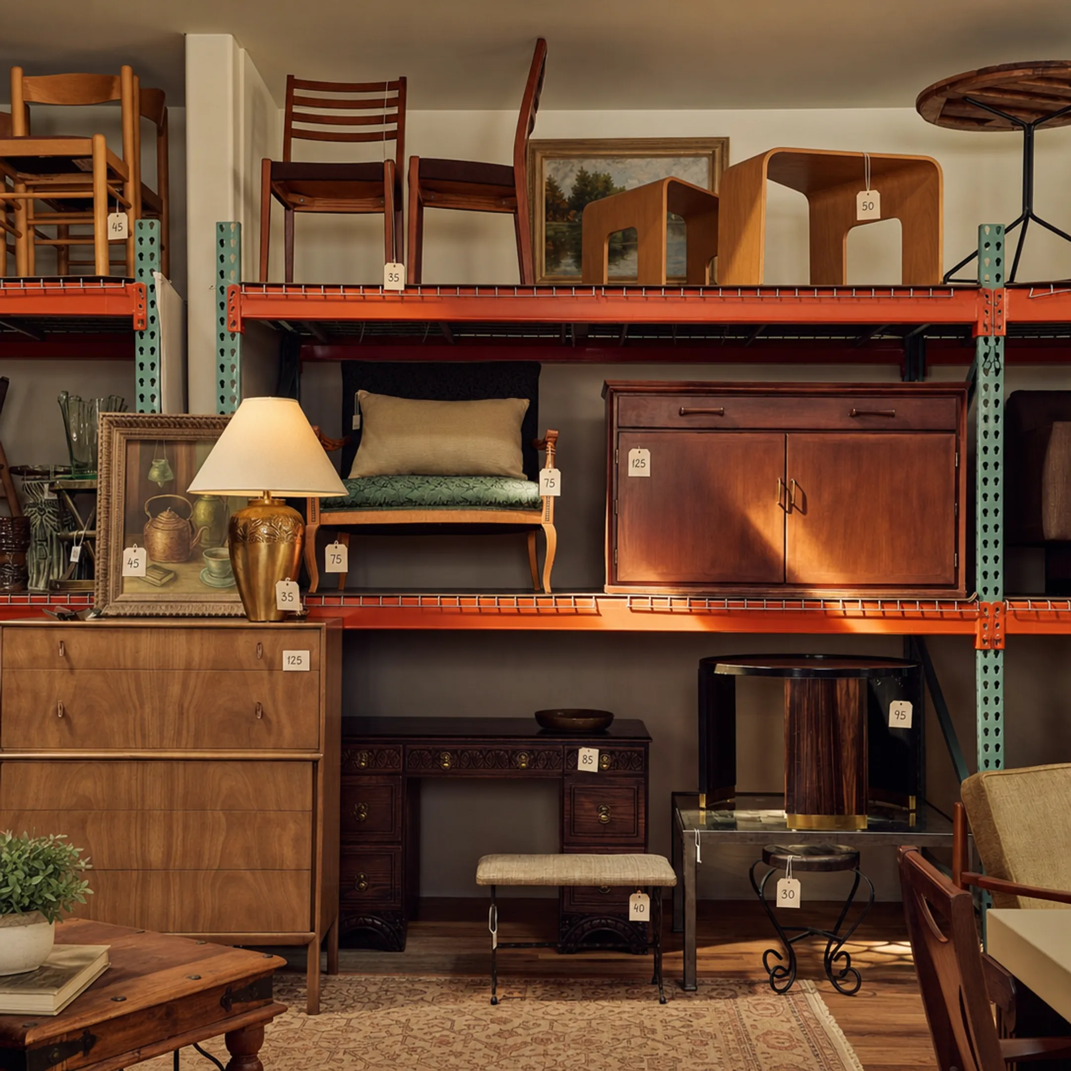 Staged estate sale room with priced furniture and household items