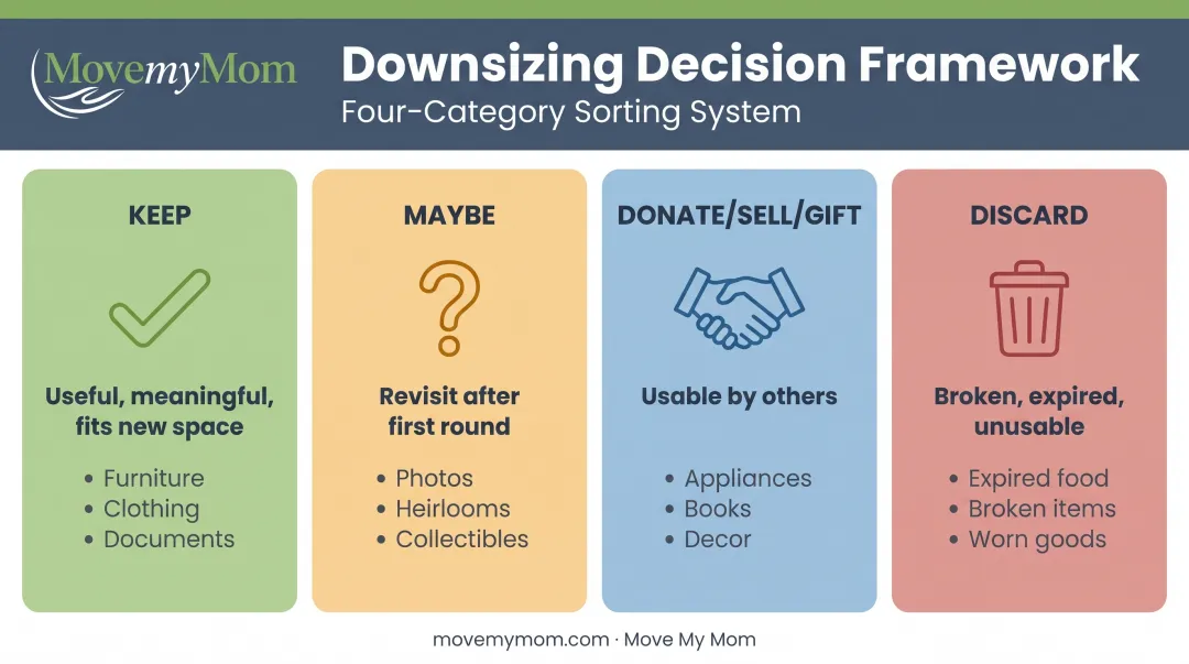 Four-category color-coded sorting system for downsizing decisions keep donate sell discard