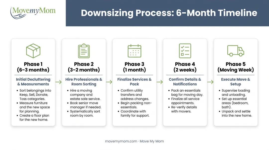 6-month downsizing timeline from initial planning to moving day with key milestones