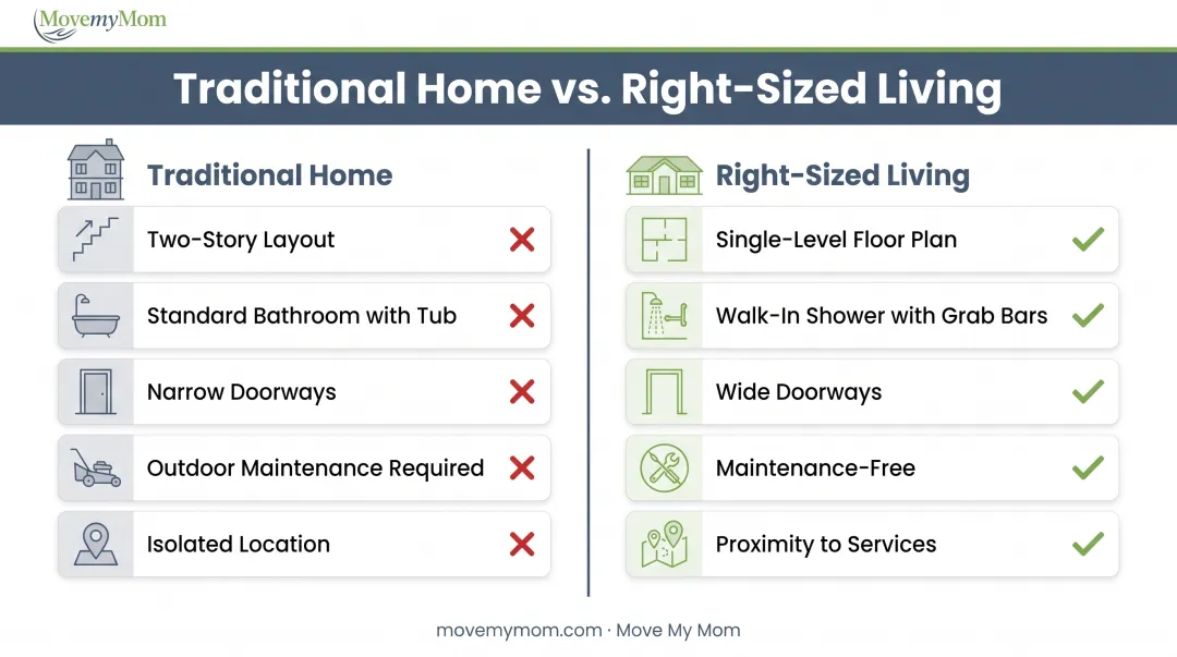 Five key safety features comparison between traditional home and right-sized accessible living space
