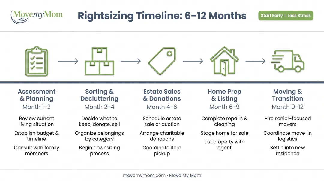 Six to twelve month rightsizing timeline showing planning decluttering and moving phases