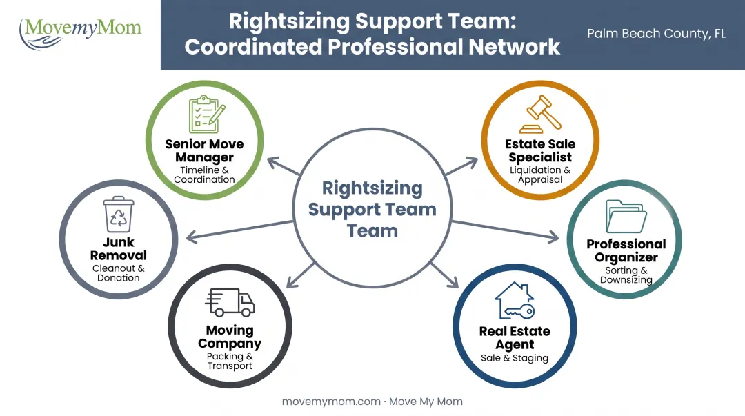 Six types of rightsizing professionals and their specific services circular diagram