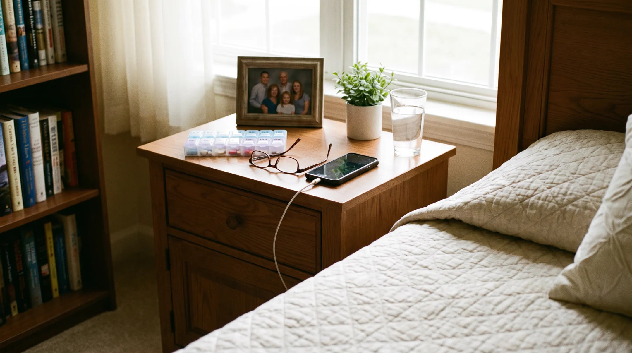 Senior's newly organized bedroom setup with essentials placed within easy reach