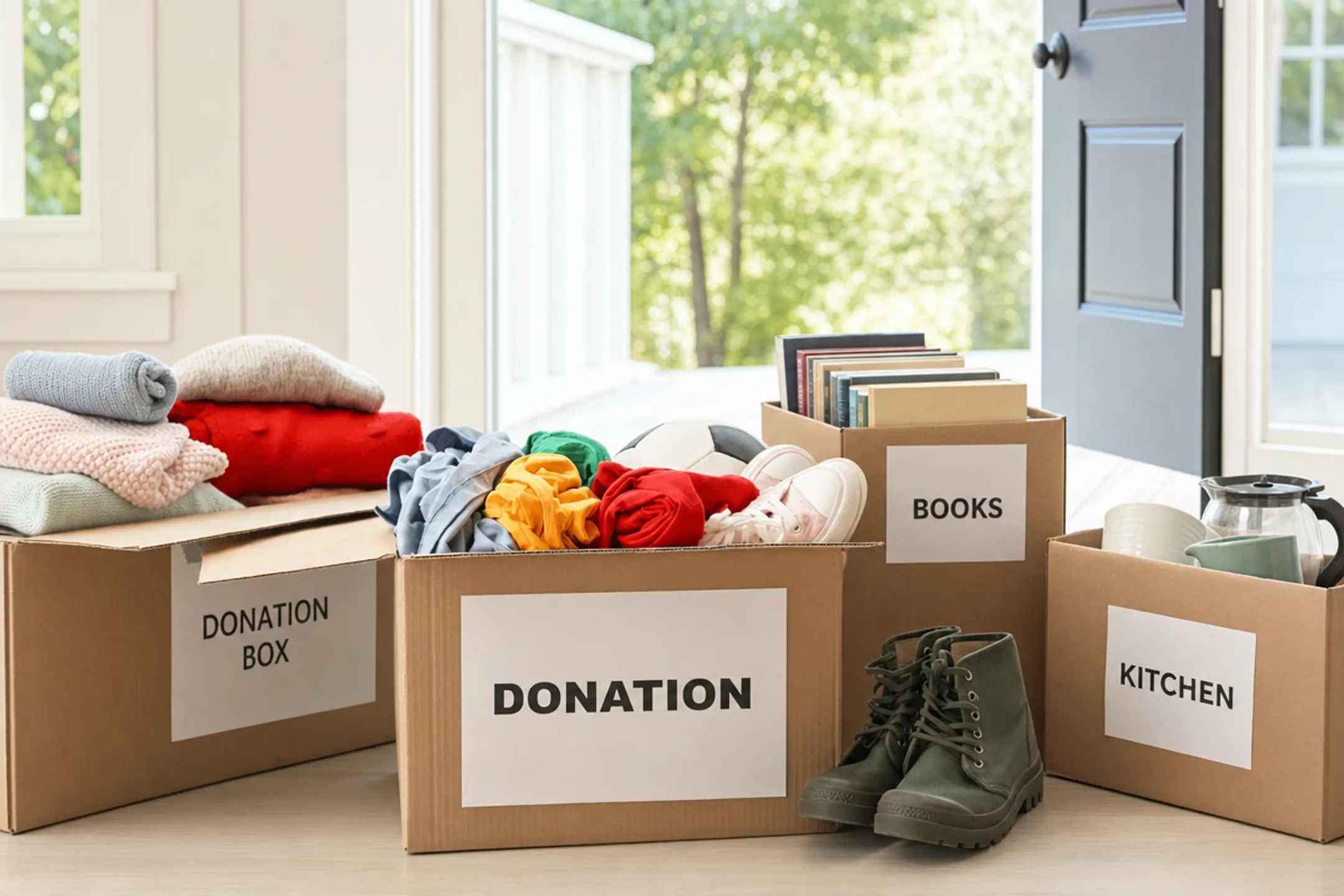 Donation boxes and household items ready for pickup by charity organization