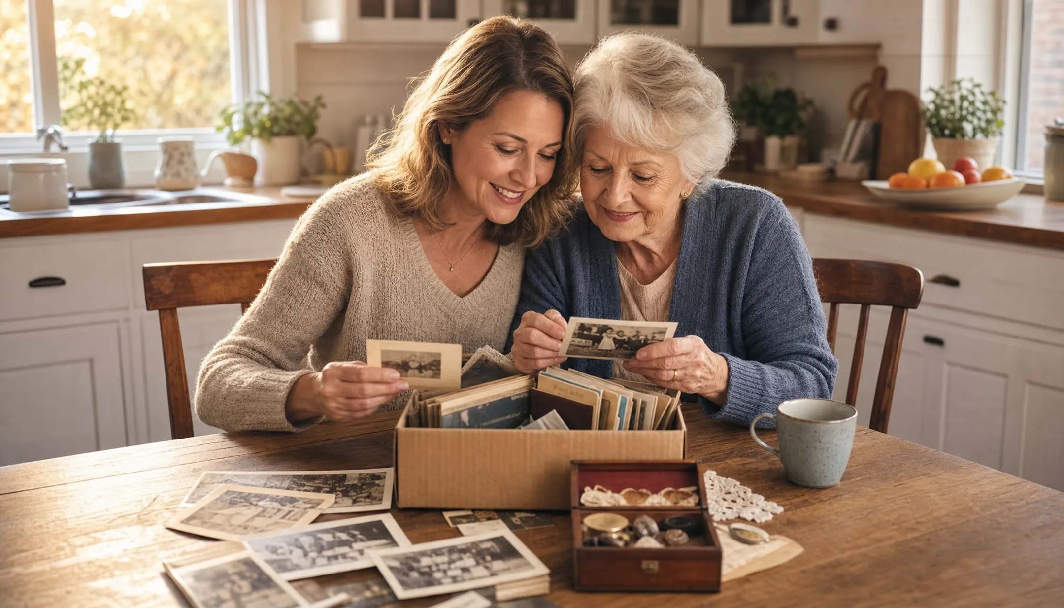 Adult daughter and senior mother sorting sentimental keepsakes together at home
