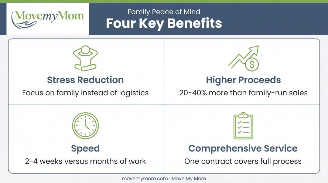 Estate liquidator benefits breakdown showing stress reduction revenue expertise and timeline advantages
