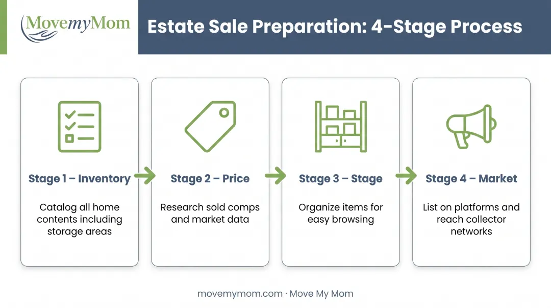 Four-step estate sale preparation process from inventory through marketing
