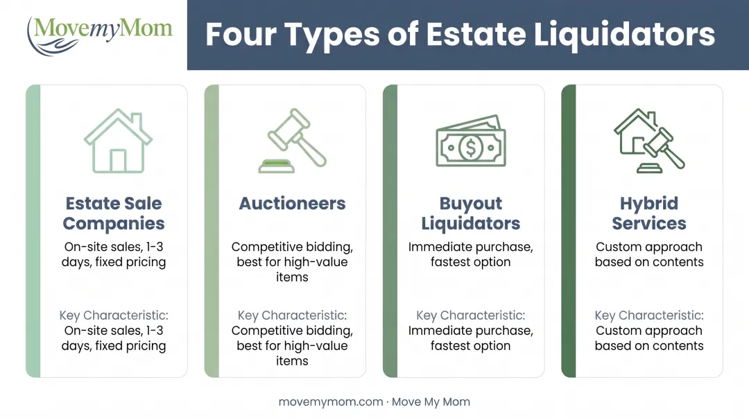 Four types of estate liquidators comparison showing sale companies auctioneers buyout services and hybrid options