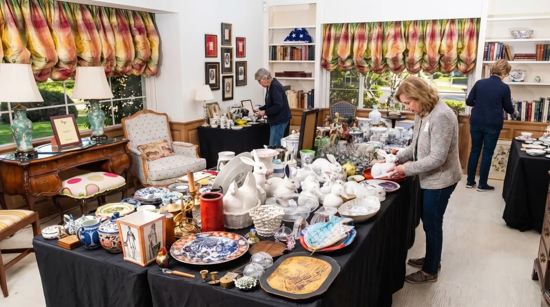 Professional estate sale in progress with organized displays quality staging and customers browsing items