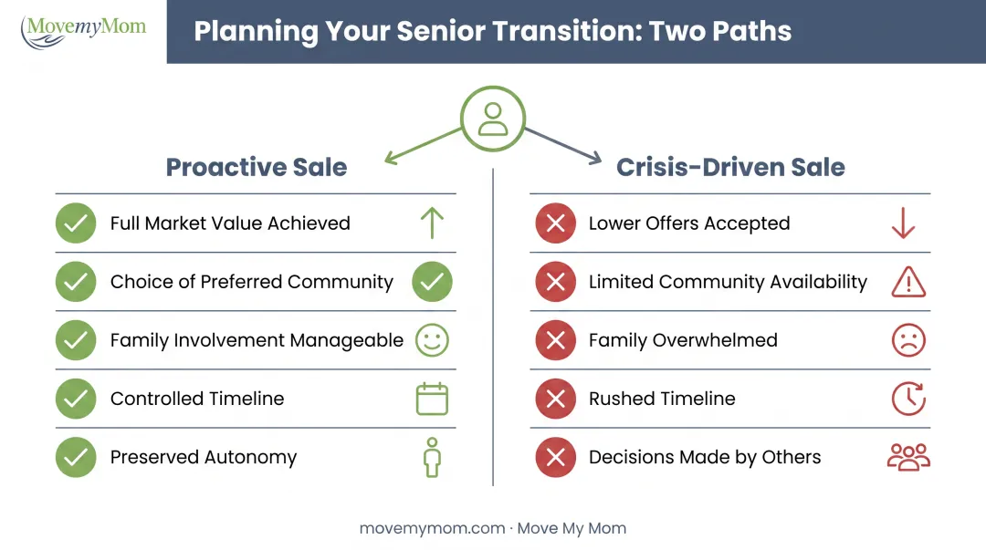 Proactive versus crisis-driven home sale outcomes comparison showing key differences in control stress and results