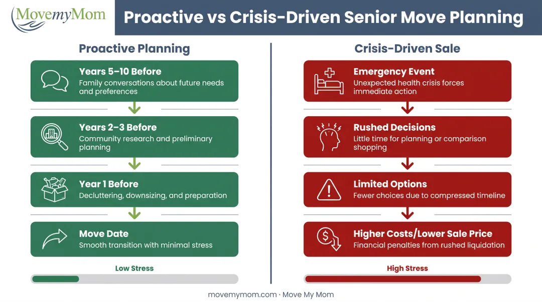 Senior home sale timing decision framework from early planning to crisis-driven sale comparison