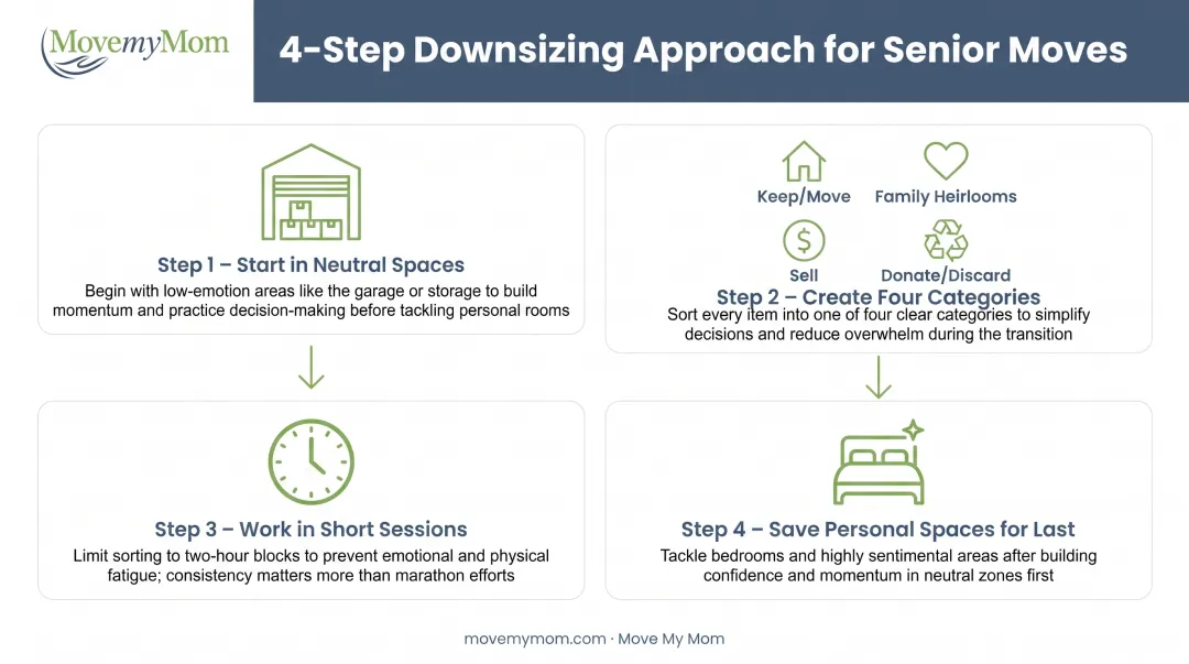 4-category downsizing system for senior moves from neutral spaces to personal items