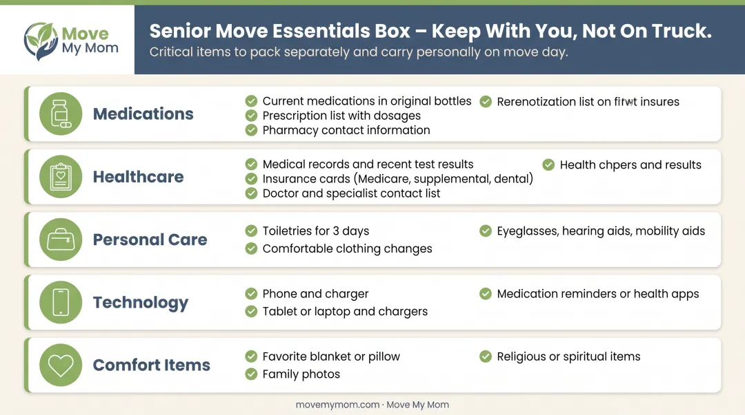 Essential items checklist for senior move day essentials box organized by category