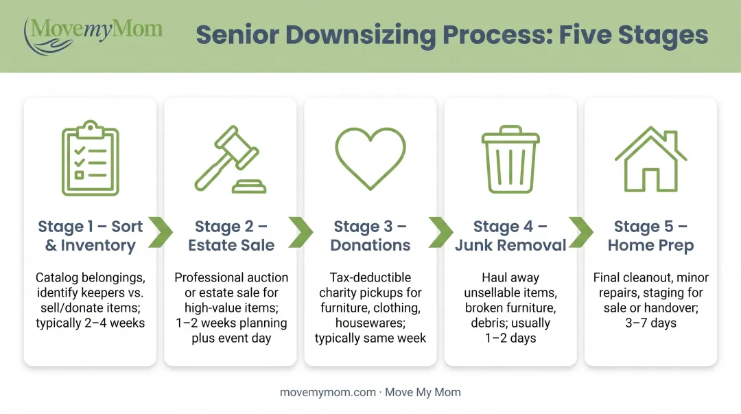 Five-step senior downsizing timeline from sorting belongings to final home preparation