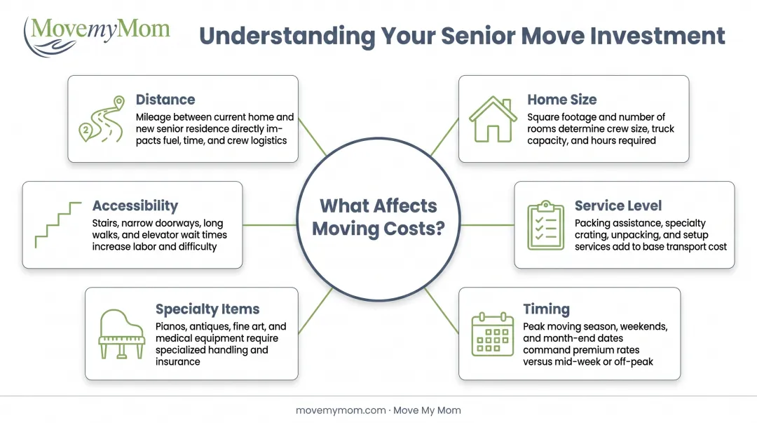 Six key factors affecting moving costs from distance to specialty items illustrated diagram