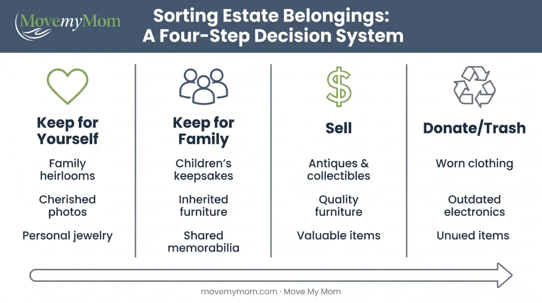 Four-category sorting system for estate cleanout items keep sell donate and trash
