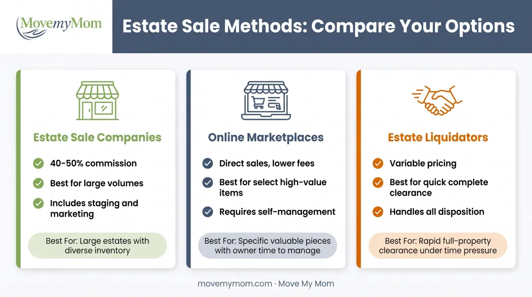 Three estate sale options comparison showing companies online marketplaces and liquidators with costs