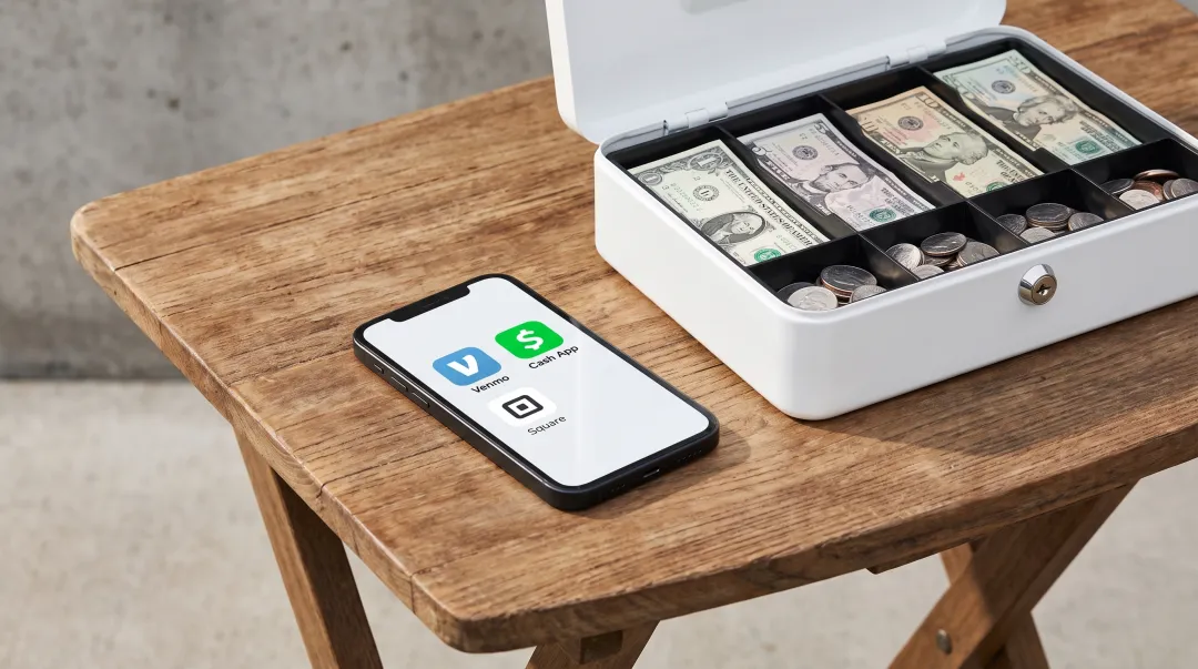 Mobile payment options including Venmo Cash App and Square readers for garage sale transactions
