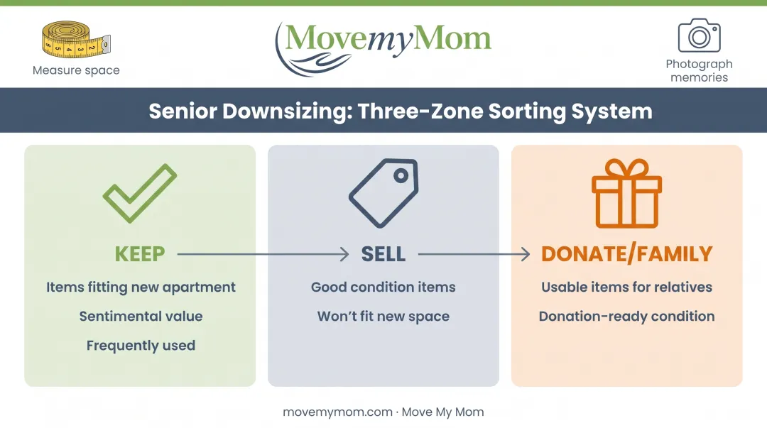 Three-zone sorting system for downsizing senior belongings before assisted living move