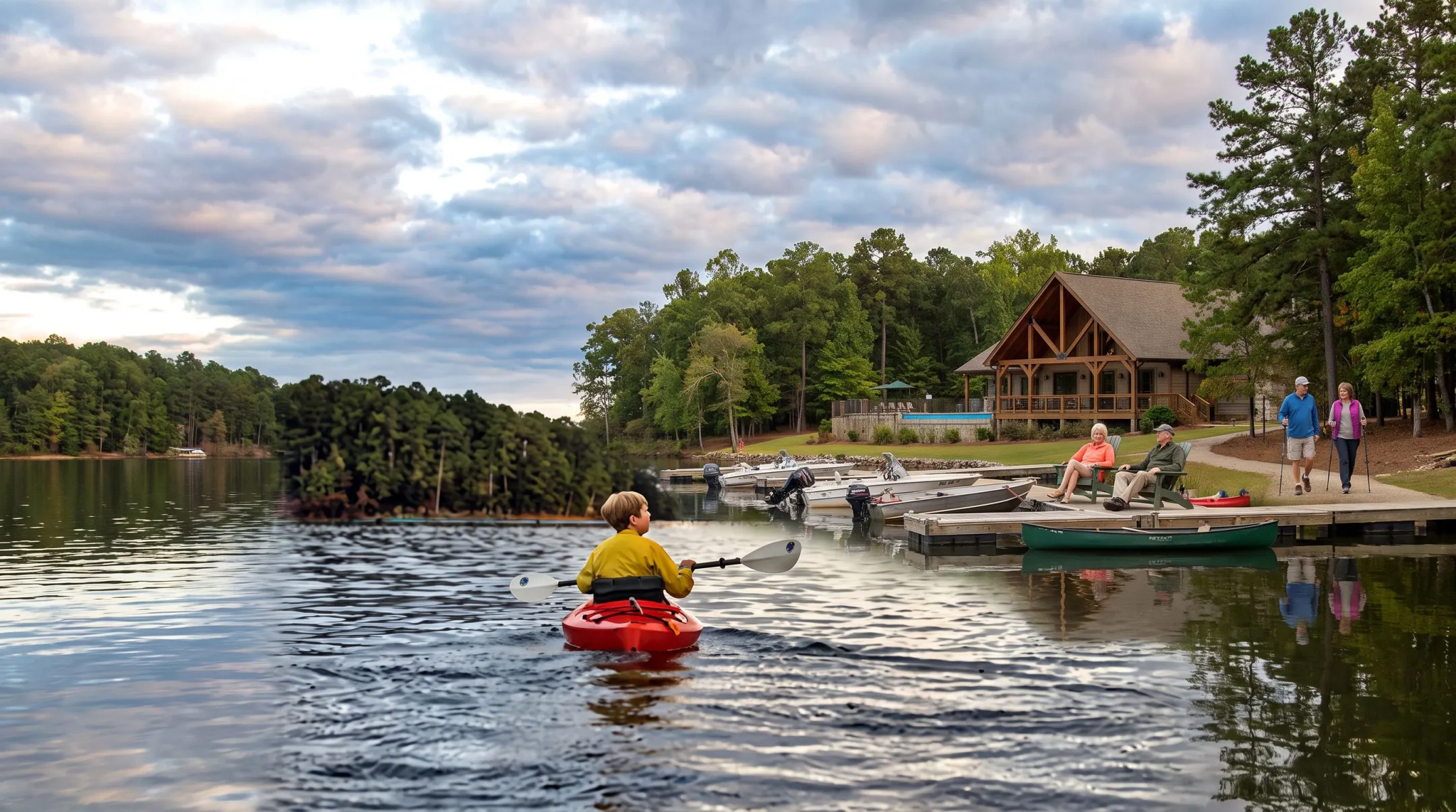 Retirees kayaking and boating on calm lake community waters