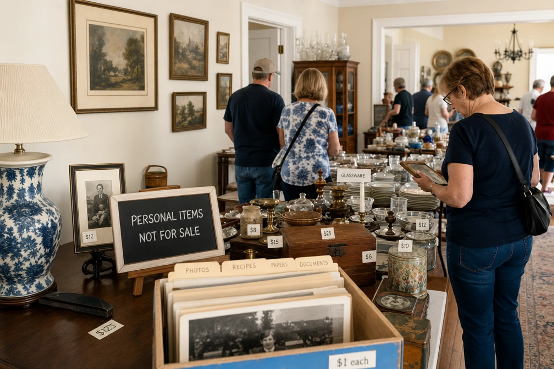 Estate sale shoppers browsing furniture and household items during event