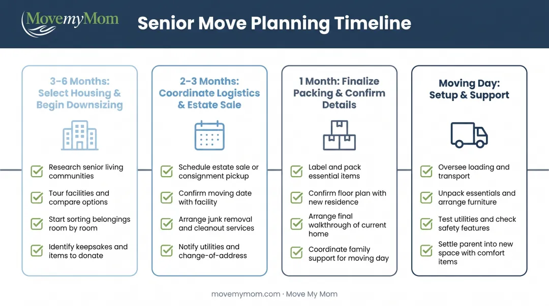 Six-month senior move planning timeline with major task milestones and deadlines
