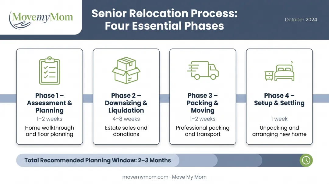 Four-phase senior move timeline from assessment through settling in new residence