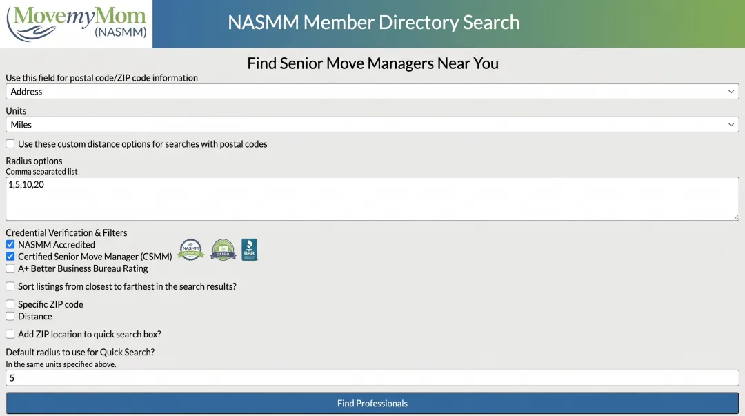 NASMM member verification directory interface showing senior move manager search results