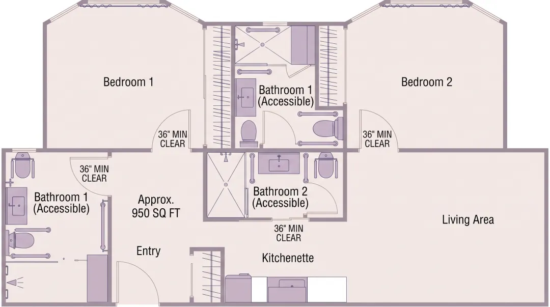 Two-bedroom assisted living apartment floor plan showing spacious layout with accessibility features