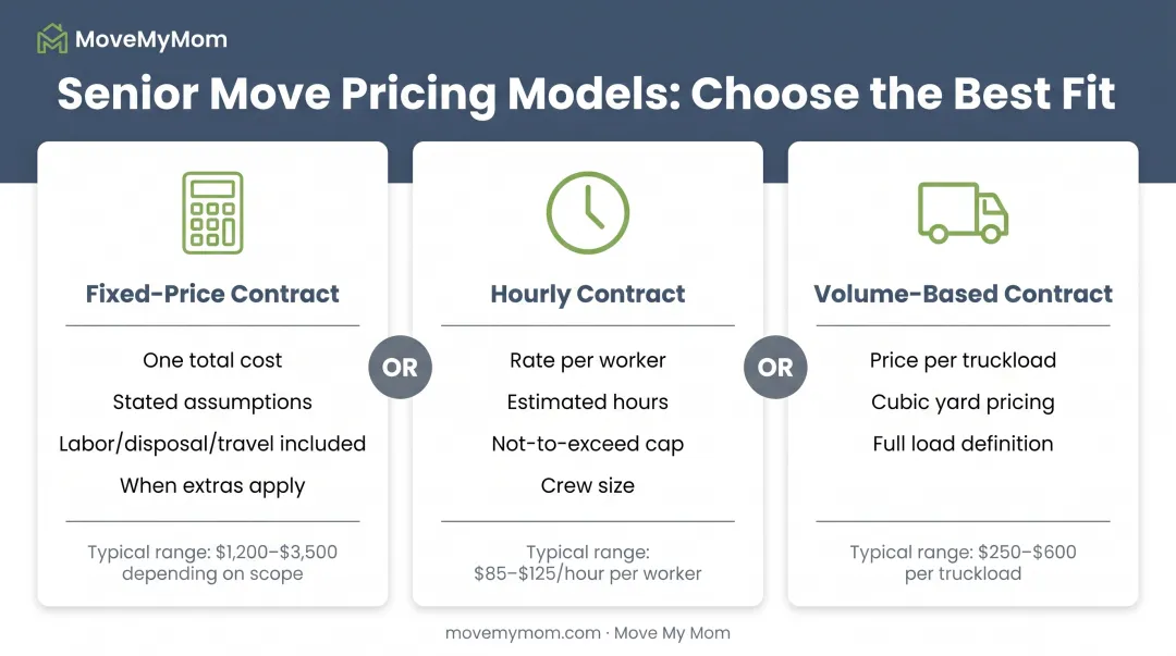 Estate cleanout pricing models breakdown showing fixed-price hourly and volume-based contract structures