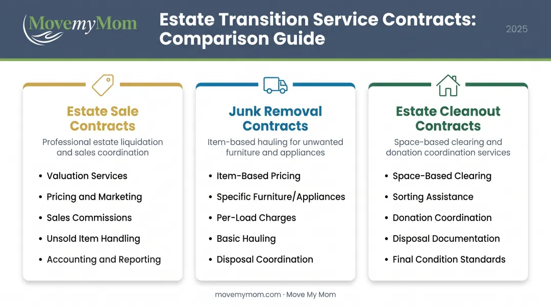 Three-way comparison of estate sale contracts versus junk removal versus estate cleanout agreements