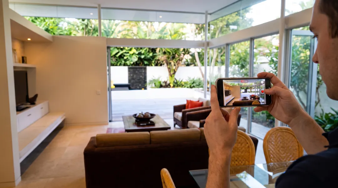 Homeowner documenting property condition with smartphone before estate cleanout service begins