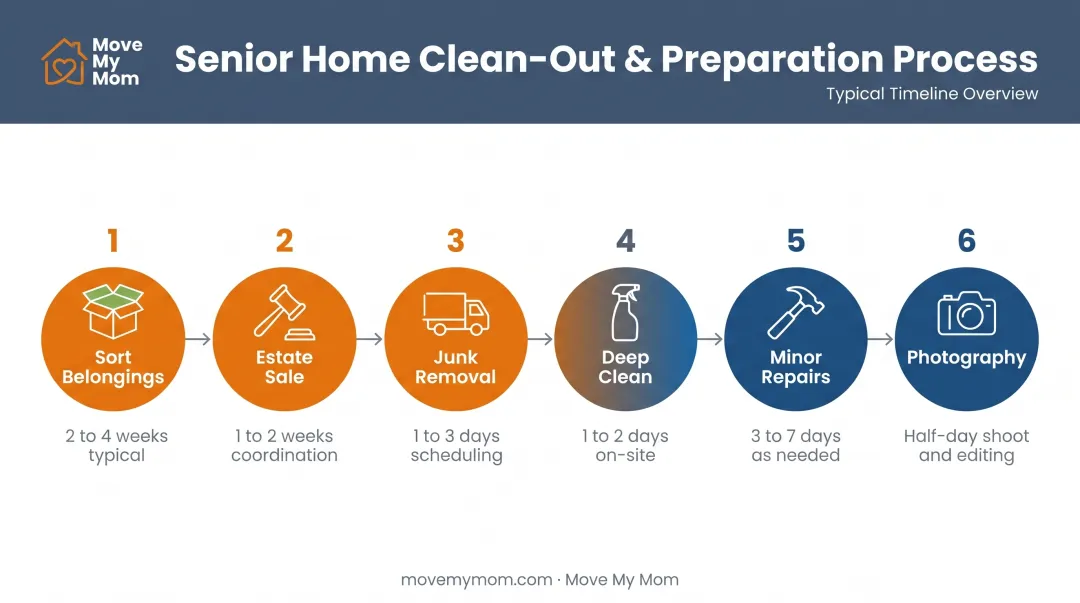 Six-step sequential timeline for clean out and clean up process from sorting to photography