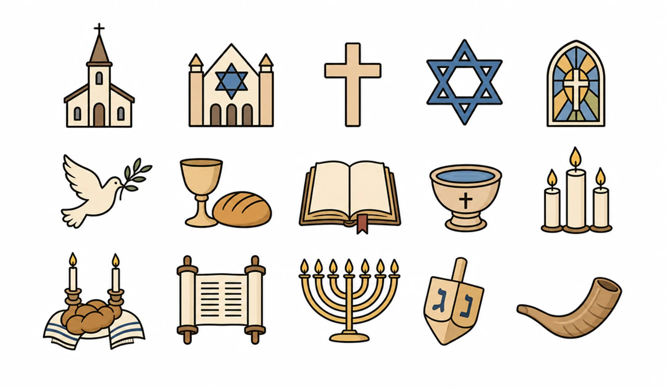 Diverse religious symbols representing denominational sponsors of faith-based senior communities
