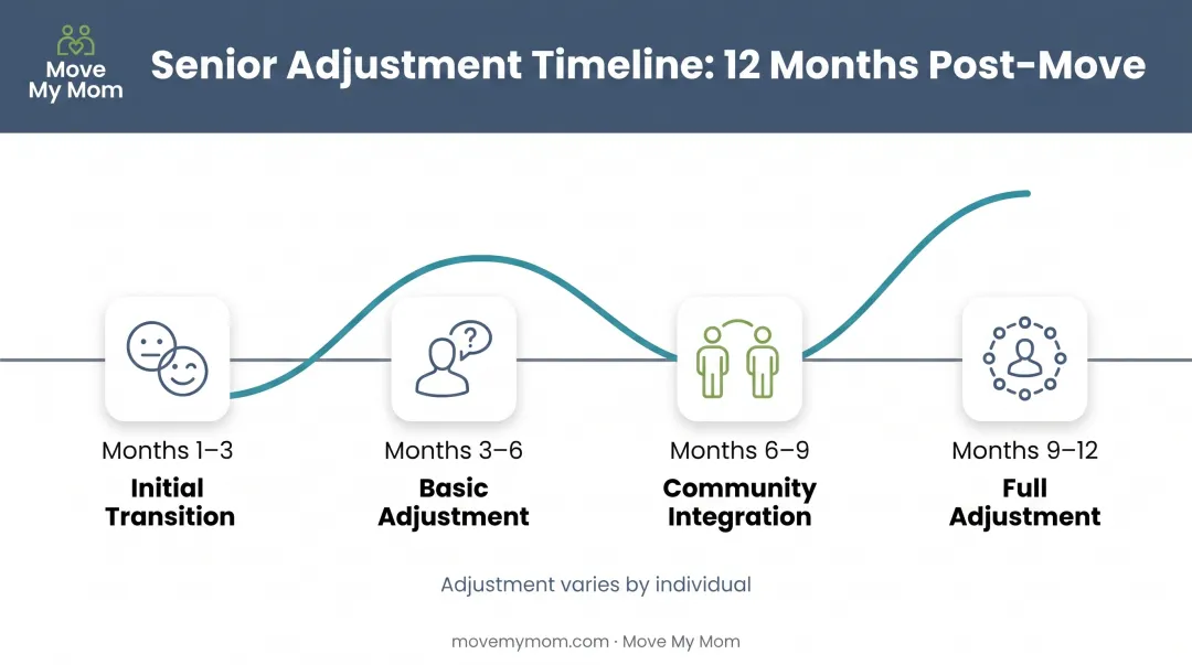 Senior adjustment timeline showing 3 to 12 month emotional and practical transition phases