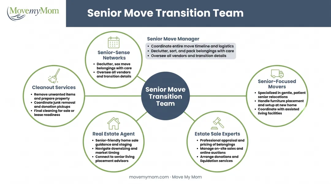 Senior move transition support team showing five specialist roles and responsibilities