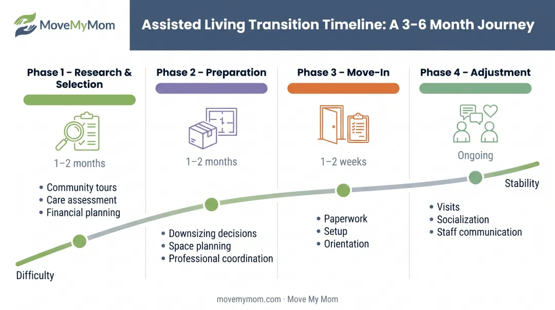 Complete assisted living transition timeline from research through adjustment showing four major phases
