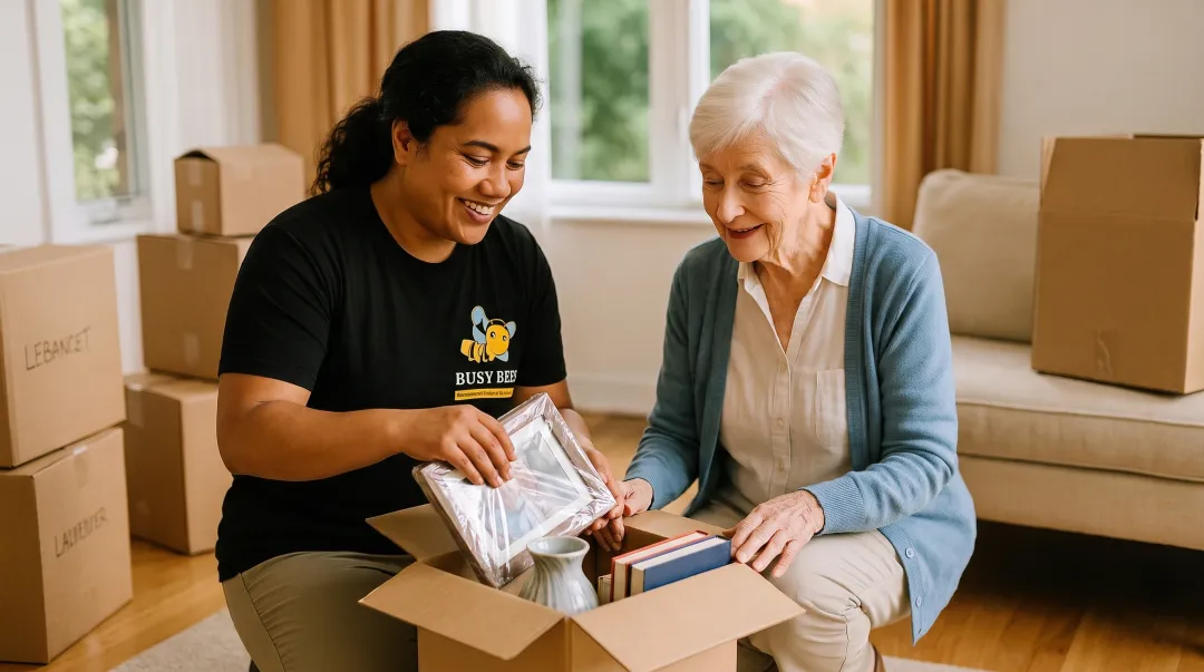 Professional senior move manager assisting elderly woman with downsizing and packing belongings for assisted living