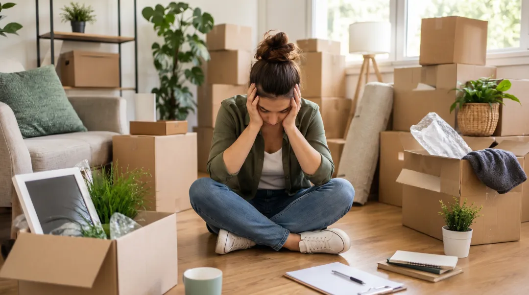 Adult child caregiver experiencing emotional stress while helping elderly parent downsize and pack