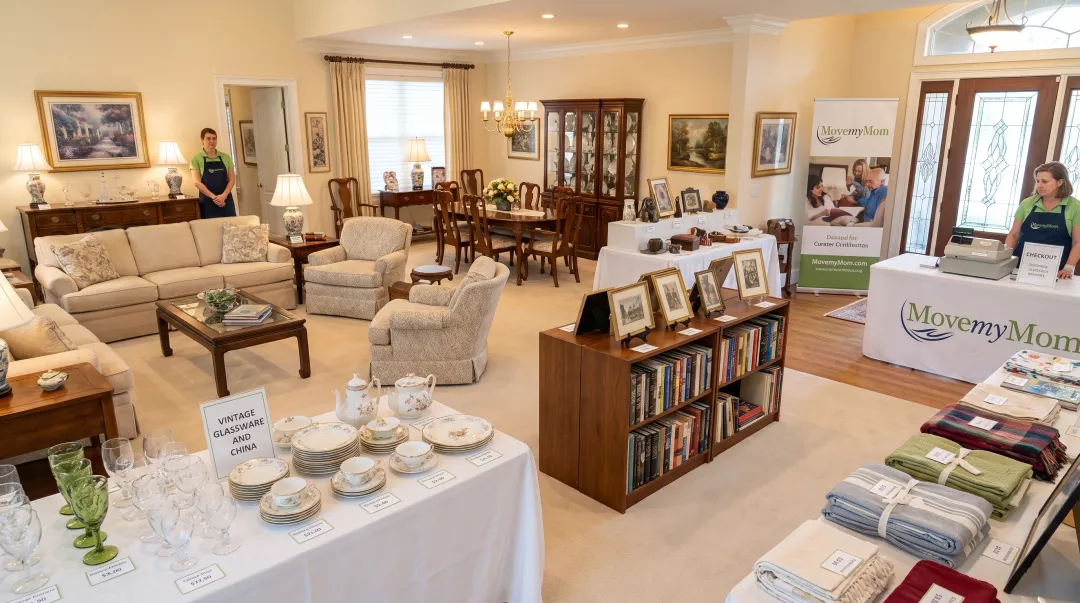 Organized estate sale display room with grouped furniture collectibles and clear pricing tags